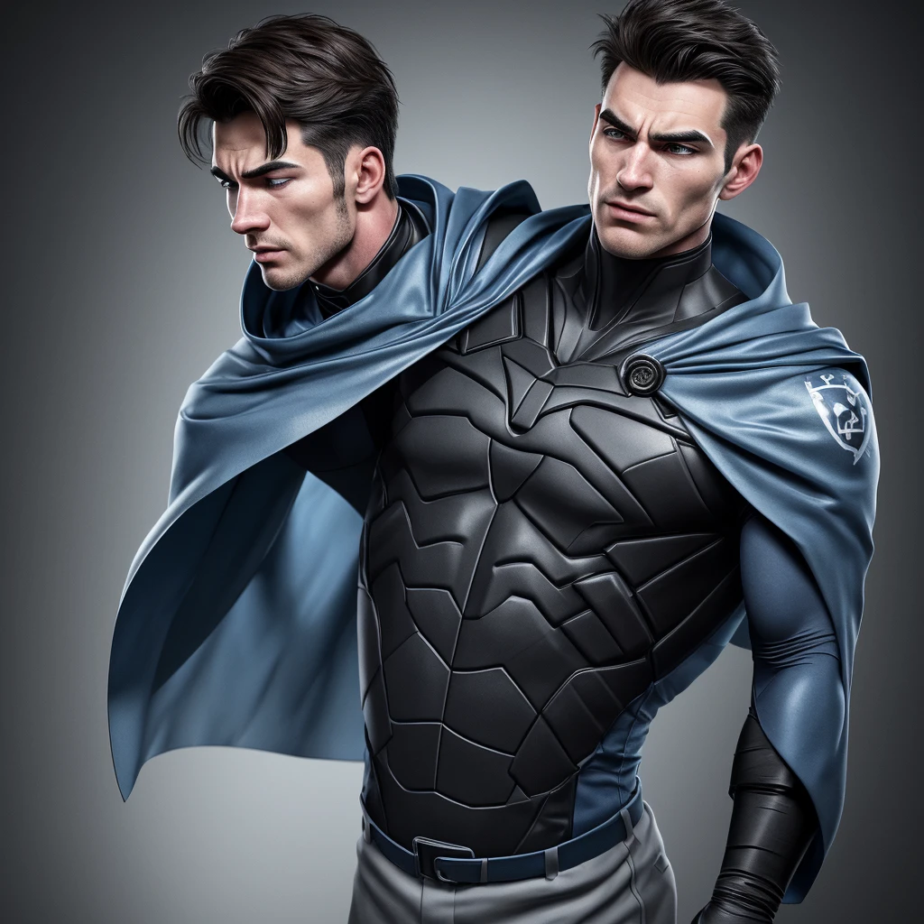 A realistic 3D male model in full body composition, wearing a full body hero suit and cape in the pattern of a professional baseball uniform, a very short haired, crew cut, cool, dandy-like, veteran-aged man with a shiny, sparkling blue cape that is longer than his body, gloves and a cap are always worn, an original hero, only the eyebrows, eyelashes and eyes are visible, his mouth is bandaged and sealed, the upper half of his face is bare with a sharp gaze, he has six pack abs, a muscular macho man with a sturdy body, he has both legs closed, his hands are clasped behind his back in an X shape, his whole body is bound and sealed with duct tape and he is held down. He has collapsed from exhaustion and is sleeping with his eyes closed. A coat of arms, in a dark room background, his whole body facing forward, backward, left and right (north, south, east and west), an image of him being restrained and mummified.