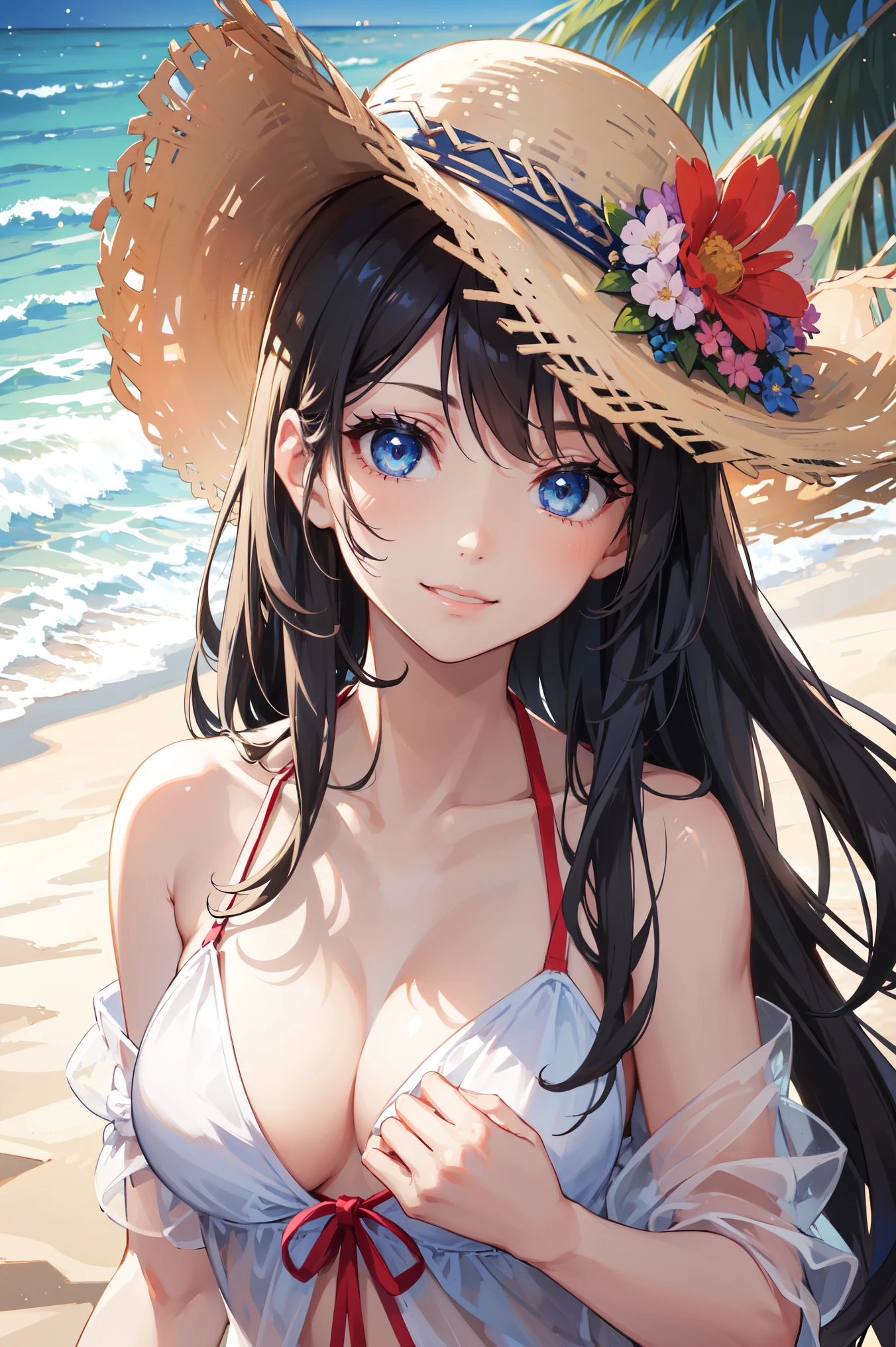 One girl, long tied brunette hair, smile, blue eyes, Wink, View your viewers, Wearing a bikini, flower straw hat, (Beach), (sunset), evening, masterpiece, 8K, Perfect lighting, The perfect outfit, Perfect Anatomy, Perfect Eyes, Perfect Face, Sharp resolution, (Face close-up)