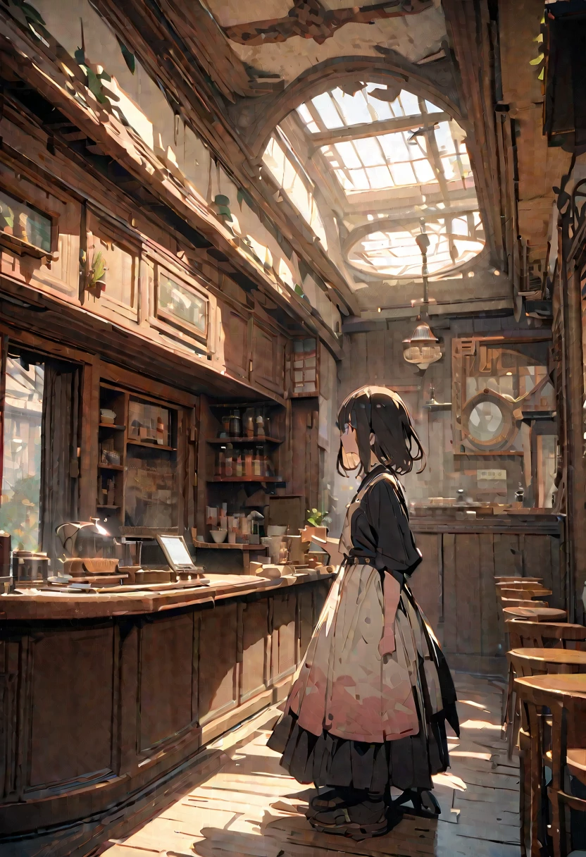 masterpiece,highest quality,ultra-detailed,high-definition background,8K,hi-res,high quality,BREAK,Cafe with a nice atmosphere、Antique interior、Stylish interior,girl, japanese manga style, sketch, Watercolor Colors.