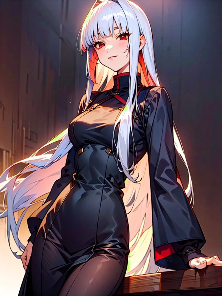 Full body, gray hair, (Dragoon: 1.2), Brantovan, masterpiece, top quality, official art, very elaborate CG Unity 8K wallpaper, for girls, ultra high resolution,), golden hour lighting, sweater dress, (upper body), (silver longhair: 0.8), (puffy eyes), looking at the viewer, frontal, (smile), medium breasts, shirt lift, longhair,, gray red eyes, gray-red gradient on eyes, gray ànd red eyes, heterochromia