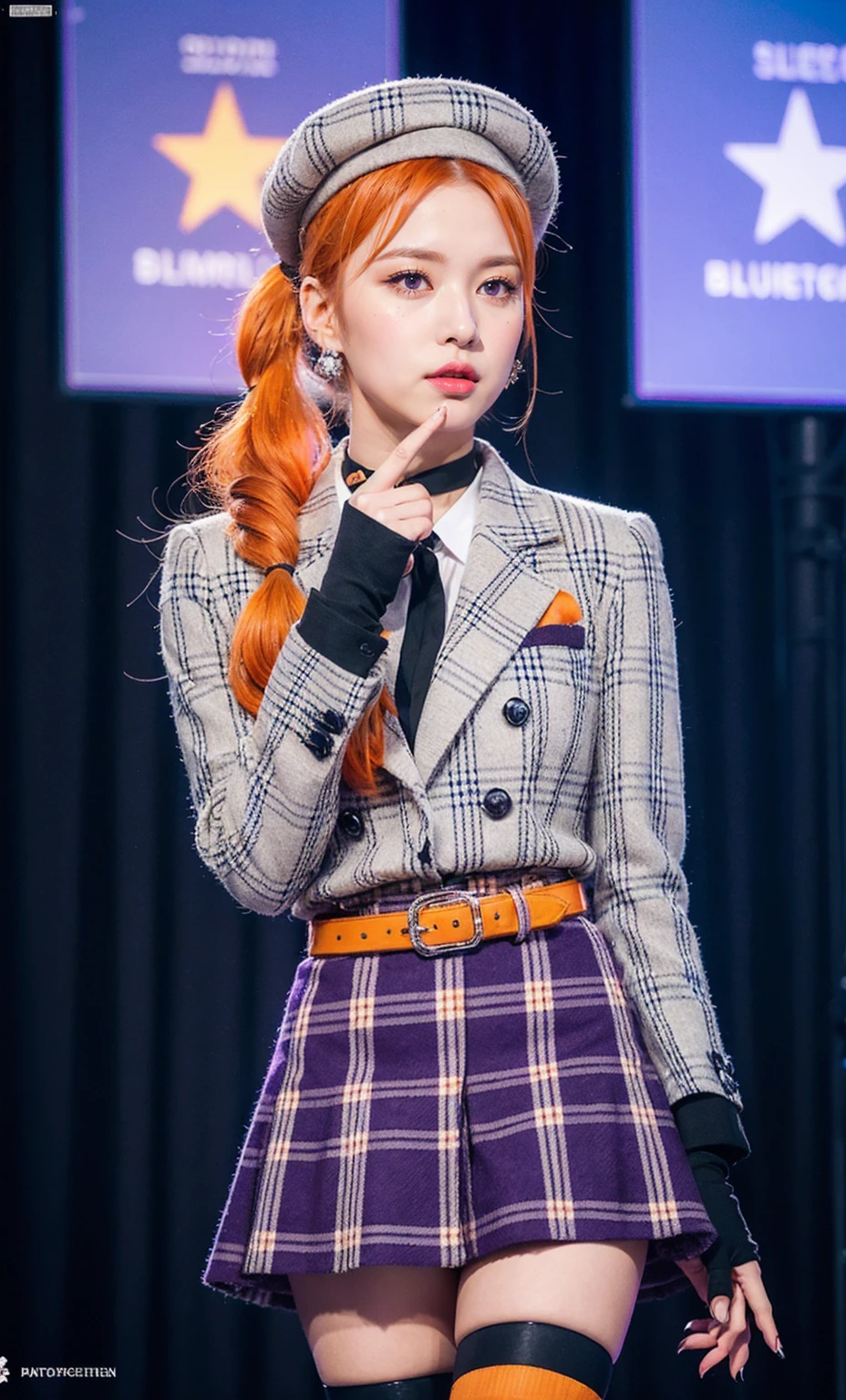 ulzzang-6500-v1.1, (raw photo:1.2), (photorealistic:1.4), beautiful detailed girl, very detailed eyes and face, beautiful detailed eyes, ridiculous, incredibly ridiculous, huge file size, super detailed, high resolution, very detailed, best quality, 1girl, 16 years old, (1girl:1.2), kawaii, stageidol,suisei cos , gloves, plaid, black gloves, choker, star (symbol),partially fingerless gloves, belt, plaid dress,plaid skirt, skirt, bracelet, shirt, buttons, blue belt,ascot,double-breasted, blue ascot, plaid jacket, jacket, collared shirt, dress,grey jacket, black choker, long sleeves,blue ribbon, blue choker, grey skirt,jewelry,bracelet ,thigh strap, single thighhigh, socks, beret, hat,plaid headwear, grey headwear,crown, BREAK,(slender),((( amaranth purple eyes, side ponytail hair, orange color hair))),High quality and beautiful,, pretty girl,City Shibuya