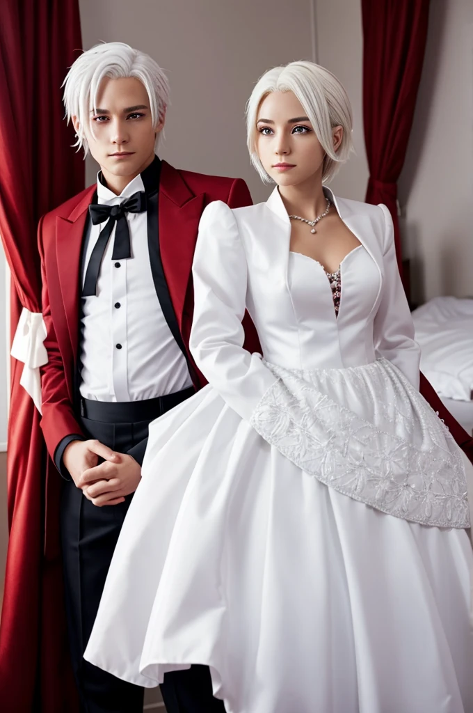 anime, a girl in her room, wearing a formal suit, short white hair, Red eyes, and next to the girl a boy with white hair, Red eyes y con traje formal