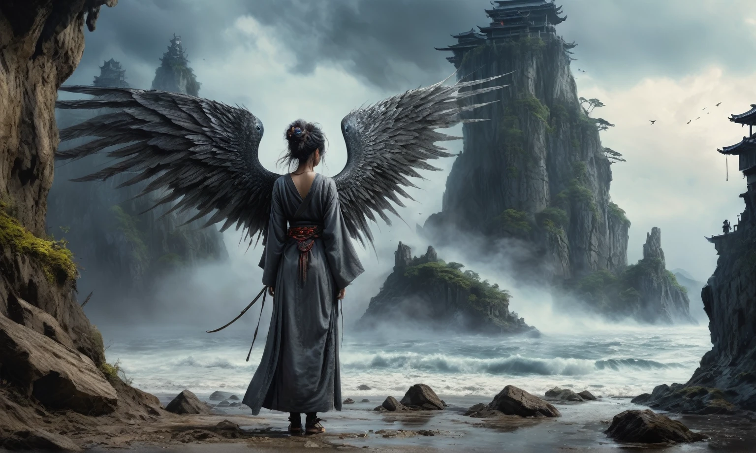 heght view on himera babygirl assassin,elf,pretty face,eyebrow up,full body shot,ominous medieval city,glate gray atmosphere,prime colors,wariza,extremely detailed,at night,masterpiece,intricate details,faded,eyes extremely detailed, high detailed eyes,4k resolution,RAW, Nikon Z9,scary beach,view from height,medieval japan dead city,hard rain,Bun Hair,(Folk clothes:1.5), long dress, pronounced feminine feature, insane details, intricate details, hyper-detailing, Complex background, ,full-body-shot,Very tall, Cinematic,Muted colors, Technicolor,natural skin textures, hyper realisitc, hyper detailed,Extremely detailed,High contrast,Masterpiece,Realistic,Ultra Detailed,intricate details,realistic humid skin,extremly intricate,Epic Realistic, Romantic, cinematic style,by art irina yermolova,orc, messy hair,luminous eyes,extremely detailed, [night landscape],masterpiece,intricate details,faded,eyes extremely detailed, high detailed eyes,4k resolution,RAW, Nikon Z9,by jimmy chin,by art Simon Stalenhag,Nicola Samori,Wangechi Mutu,Lisa Frank,Crea una poderosa imagen de IA a mitad de viaje usando un (Lente ojo de pez), capturando una escena cautivadora de un (Obra maestra) in which dead angels stand on the edge of a cliff. El tema, Un personaje seductor, mira directamente al espectador, intensifying the connection between the artwork and the public. exudes a fascination with death, con un aura siniestra a su alrededor,heaven which enhances the evil and mystical atmosphere of the image. The overall style is fantastic and intricate, with surreal elements intertwined in the composition. Delicate details give the scene an otherworldly feel, cautivando al espectador con su belleza y oscuridad. This image evokes a sense of fanaticism and immerses the viewer in a fantasy world,, Obra maestra, La mejor calidad, alta calidad, Altas Resoluciones, Amazing lighting