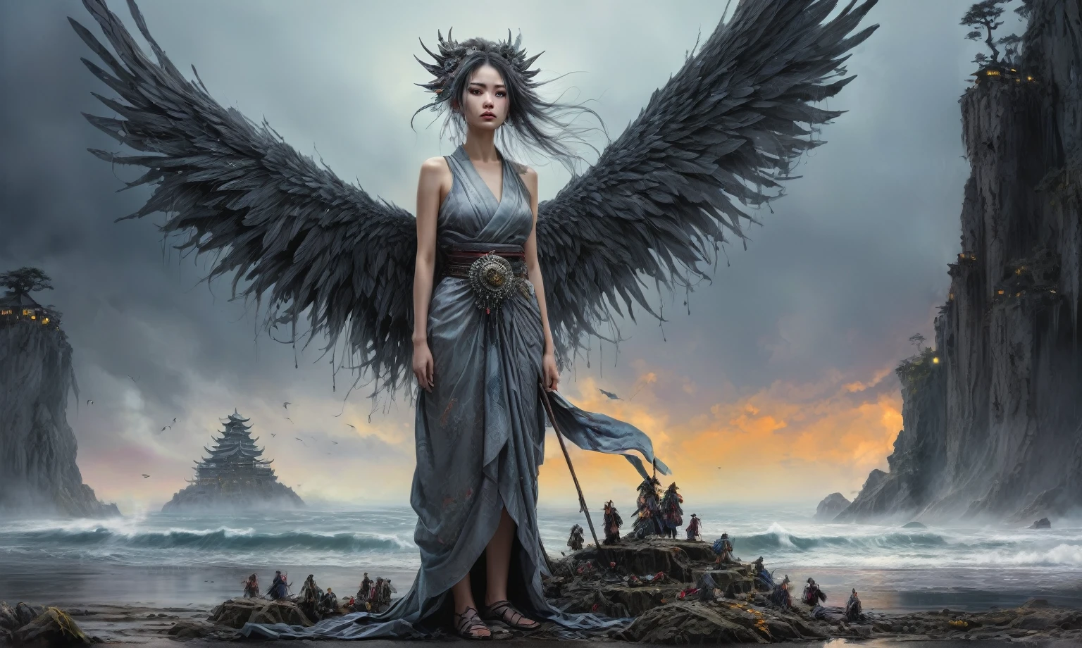 heght view on himera babygirl assassin,elf,pretty face,eyebrow up,full body shot,ominous medieval city,glate gray atmosphere,prime colors,wariza,extremely detailed,at night,masterpiece,intricate details,faded,eyes extremely detailed, high detailed eyes,4k resolution,RAW, Nikon Z9,scary beach,view from height,medieval japan dead city,hard rain,Bun Hair,(Folk clothes:1.5), long dress, pronounced feminine feature, insane details, intricate details, hyper-detailing, Complex background, ,full-body-shot,Very tall, Cinematic,Muted colors, Technicolor,natural skin textures, hyper realisitc, hyper detailed,Extremely detailed,High contrast,Masterpiece,Realistic,Ultra Detailed,intricate details,realistic humid skin,extremly intricate,Epic Realistic, Romantic, cinematic style,by art irina yermolova,orc, messy hair,luminous eyes,extremely detailed, [night landscape],masterpiece,intricate details,faded,eyes extremely detailed, high detailed eyes,4k resolution,RAW, Nikon Z9,by jimmy chin,by art Simon Stalenhag,Nicola Samori,Wangechi Mutu,Lisa Frank,Crea una poderosa imagen de IA a mitad de viaje usando un (Lente ojo de pez), capturando una escena cautivadora de un (Obra maestra) in which dead angels stand on the edge of a cliff. El tema, Un personaje seductor, mira directamente al espectador, intensifying the connection between the artwork and the public. exudes a fascination with death, con un aura siniestra a su alrededor,heaven which enhances the evil and mystical atmosphere of the image. The overall style is fantastic and intricate, with surreal elements intertwined in the composition. Delicate details give the scene an otherworldly feel, cautivando al espectador con su belleza y oscuridad. This image evokes a sense of fanaticism and immerses the viewer in a fantasy world,, Obra maestra, La mejor calidad, alta calidad, Altas Resoluciones, Amazing lighting