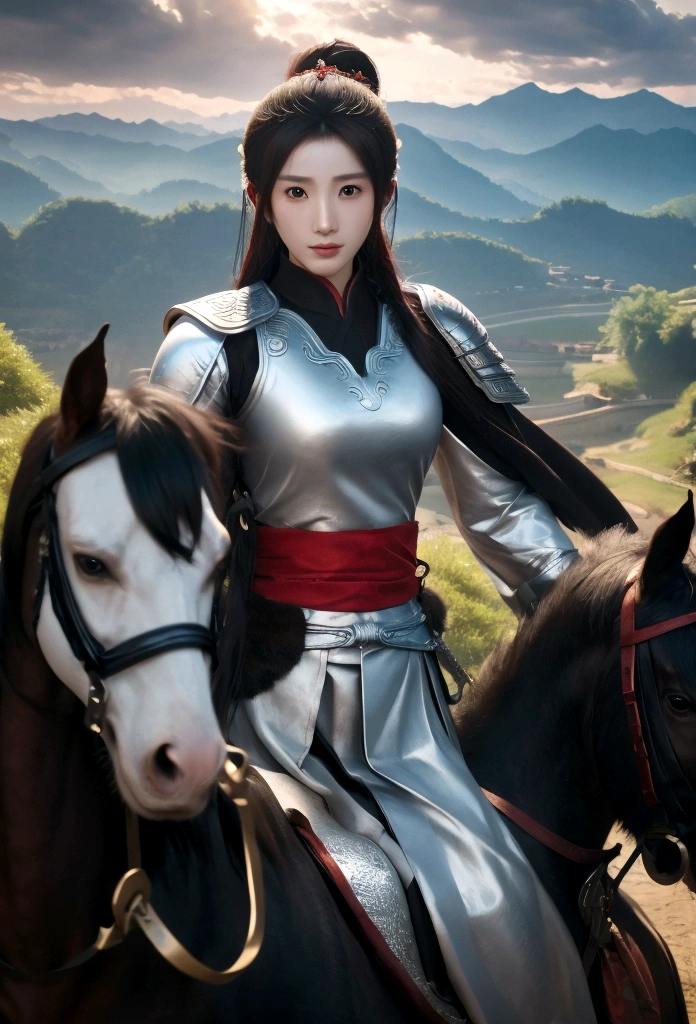 Romance of the Three Kingdoms, Zhao Yun, riding a horse, holding a spear, silver armor, sharp eyes