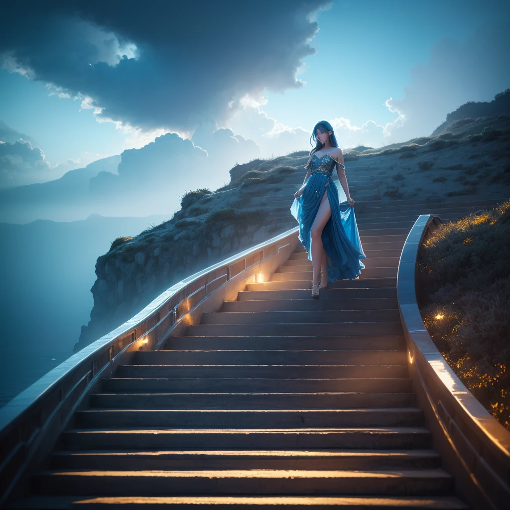 a mystical blue lady walking on golden stairs amid glowing clouds, under a sky melting with tears, in the shadow of stars sleeping in a sea of pearls, highly detailed, cinematic, dramatic lighting, ethereal, fantasy, dreamlike, muted colors, soft focus, volumetric lighting, photorealistic, 8k, best quality