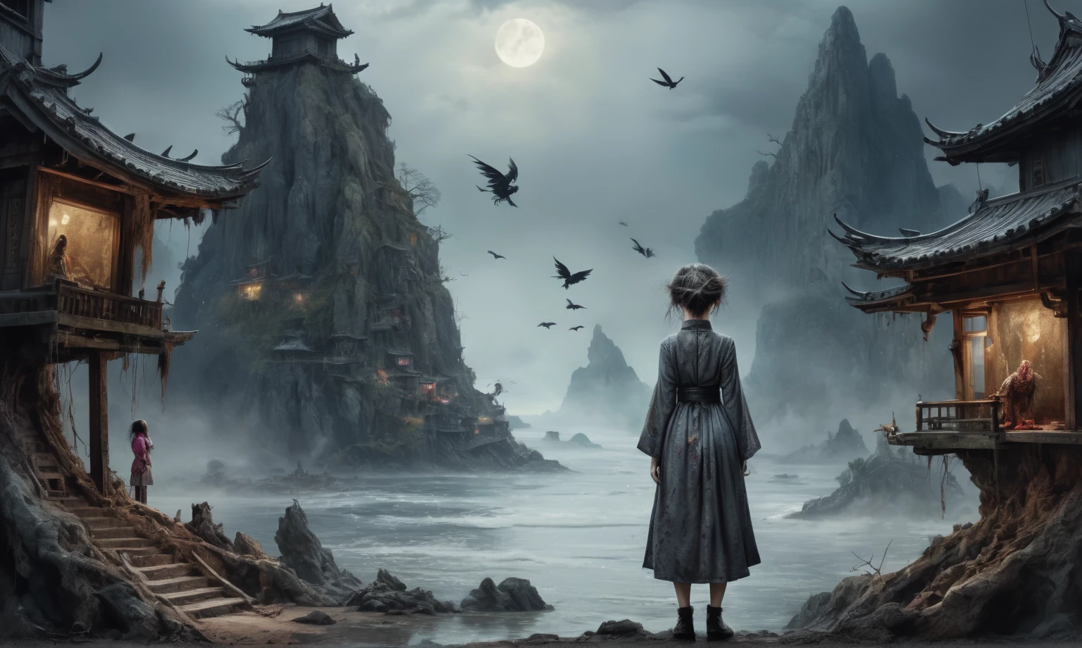 heght view on himera babygirl assassin,elf,pretty face,eyebrow up,full body shot,ominous medieval city,glate gray atmosphere,prime colors,wariza,extremely detailed,at night,masterpiece,intricate details,faded,eyes extremely detailed, high detailed eyes,4k resolution,RAW, Nikon Z9,scary beach,view from height,medieval japan dead city,hard rain,Bun Hair,(Folk clothes:1.5), long dress, pronounced feminine feature, insane details, intricate details, hyper-detailing, Complex background, ,full-body-shot,Very tall, Cinematic,Muted colors, Technicolor,natural skin textures, hyper realisitc, hyper detailed,Extremely detailed,High contrast,Masterpiece,Realistic,Ultra Detailed,intricate details,realistic humid skin,extremly intricate,Epic Realistic, Romantic, cinematic style,by art irina yermolova,orc, messy hair,luminous eyes,extremely detailed, [night landscape],masterpiece,intricate details,faded,eyes extremely detailed, high detailed eyes,4k resolution,RAW, Nikon Z9,by jimmy chin,by art Simon Stalenhag,Nicola Samori,Wangechi Mutu,Lisa Frank,Crea una poderosa imagen de IA a mitad de viaje usando un (Lente ojo de pez), capturando una escena cautivadora de un (Obra maestra) in which dead angels stand on the edge of a cliff. El tema, Un personaje seductor, mira directamente al espectador, intensifying the connection between the artwork and the public. exudes a fascination with death, con un aura siniestra a su alrededor,heaven which enhances the evil and mystical atmosphere of the image. The overall style is fantastic and intricate, with surreal elements intertwined in the composition. Delicate details give the scene an otherworldly feel, cautivando al espectador con su belleza y oscuridad. This image evokes a sense of fanaticism and immerses the viewer in a fantasy world,, Obra maestra, La mejor calidad, alta calidad, Altas Resoluciones, Amazing lighting