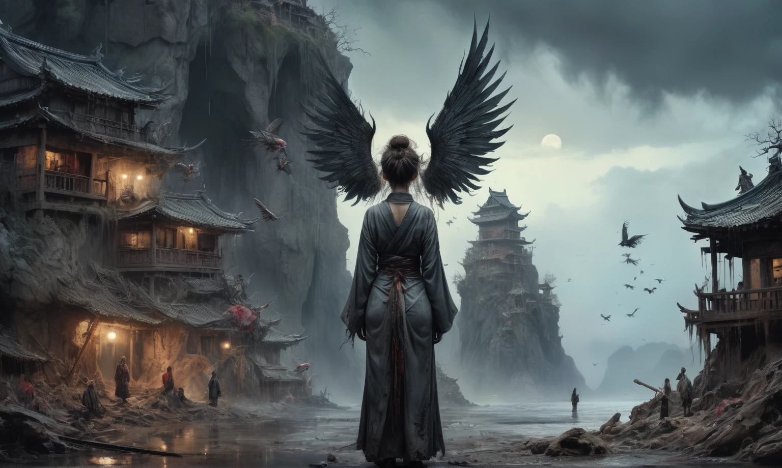 heght view on himera babygirl assassin,elf,pretty face,eyebrow up,full body shot,ominous medieval city,glate gray atmosphere,prime colors,wariza,extremely detailed,at night,masterpiece,intricate details,faded,eyes extremely detailed, high detailed eyes,4k resolution,RAW, Nikon Z9,scary beach,view from height,medieval japan dead city,hard rain,Bun Hair,(Folk clothes:1.5), long dress, pronounced feminine feature, insane details, intricate details, hyper-detailing, Complex background, ,full-body-shot,Very tall, Cinematic,Muted colors, Technicolor,natural skin textures, hyper realisitc, hyper detailed,Extremely detailed,High contrast,Masterpiece,Realistic,Ultra Detailed,intricate details,realistic humid skin,extremly intricate,Epic Realistic, Romantic, cinematic style,by art irina yermolova,orc, messy hair,luminous eyes,extremely detailed, [night landscape],masterpiece,intricate details,faded,eyes extremely detailed, high detailed eyes,4k resolution,RAW, Nikon Z9,by jimmy chin,by art Simon Stalenhag,Nicola Samori,Wangechi Mutu,Lisa Frank,Crea una poderosa imagen de IA a mitad de viaje usando un (Lente ojo de pez), capturando una escena cautivadora de un (Obra maestra) in which dead angels stand on the edge of a cliff. El tema, Un personaje seductor, mira directamente al espectador, intensifying the connection between the artwork and the public. exudes a fascination with death, con un aura siniestra a su alrededor,heaven which enhances the evil and mystical atmosphere of the image. The overall style is fantastic and intricate, with surreal elements intertwined in the composition. Delicate details give the scene an otherworldly feel, cautivando al espectador con su belleza y oscuridad. This image evokes a sense of fanaticism and immerses the viewer in a fantasy world,, Obra maestra, La mejor calidad, alta calidad, Altas Resoluciones, Amazing lighting