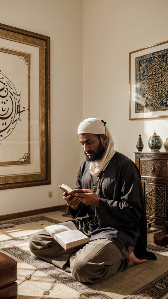 A Muslim man is sitting in a bright room filled with books and stationery. He looks solemnly reading verses from the Koran open in front of him, while holding prayer beads in his other hand. Behind it is the shadow of a genie or devil. In the background, beautiful Arabic calligraphy paintings can be seen on the white wall. very realistic, high resolution, 8k resolution, intricate details, dramatic