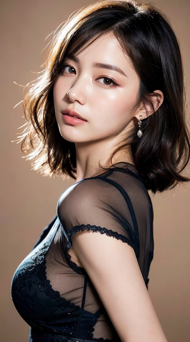 (8k, RAW Photo, Best Quality, Masterpiece:1.2), Ultra Detail, Super Resolution, (Realistic, Realistic Photo:1.37), Portrait, High Detail RAW Color Photo, Professional Photo, Extremely Detailed and Beautiful, Extremely detailed, 8k wallpaper, amazing and detailed, huge file size, official art, highly detailed CG unity 8k wallpaper, highly detailed beautiful girl, highly detailed face, highly detailed eyes, highly detailed skin, highly detailed fingers, highly detailed nose, very detailed detailed mouth , perfect anatomy, highly detailed background, highly detailed clothes, 1girl, (20:1.2), 20s, cute girl, realistic body, , fair skin, glowing skin , slim body, handsome body, black hair , short hair, (blunt bangs:1.2), smile, cute, youthful, cute face, realistic face, delicate eyes, drooping eyes, lingerie, see-through, earrings, looking at viewer, cowboy shot, facing front, standing posture, Contraposto, dynamic lighting, very large breasts, cowboy shot
