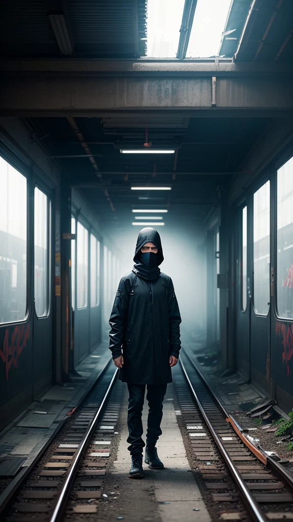 solitary figure wearing flowing lightweight black garments and a clearly visible balaclava, on a deserted, dilapidated train station platform, rusty tracks and overgrown weeds, shattered windows and graffiti, foggy ambiance, aura of mystery and loneliness, suspenseful and haunting, normal lens, ambient lighting