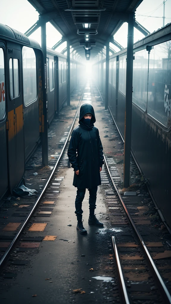 solitary figure wearing flowing lightweight black garments and a clearly visible balaclava, on a deserted, dilapidated train station platform, rusty tracks and overgrown weeds, shattered windows and graffiti, foggy ambiance, aura of mystery and loneliness, suspenseful and haunting, normal lens, ambient lighting