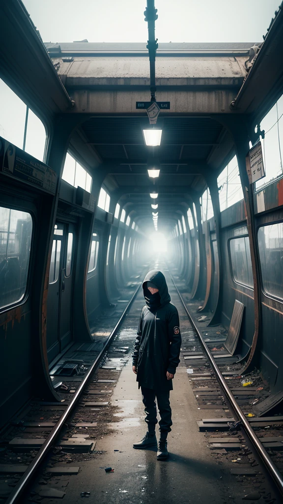 solitary figure wearing flowing lightweight black garments and a clearly visible balaclava, on a deserted, dilapidated train station platform, rusty tracks and overgrown weeds, shattered windows and graffiti, foggy ambiance, aura of mystery and loneliness, suspenseful and haunting, normal lens, ambient lighting