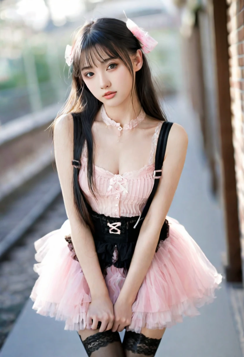 Wear a pink tulle suspender dress,Beautiful girl in black lace stockings, whole body、Lovely, Light long hair, Short strap, Depth of Field, high resolution, Ultra Detail, Fine details, Very detailed,,Sharp pupils, Realistic students,