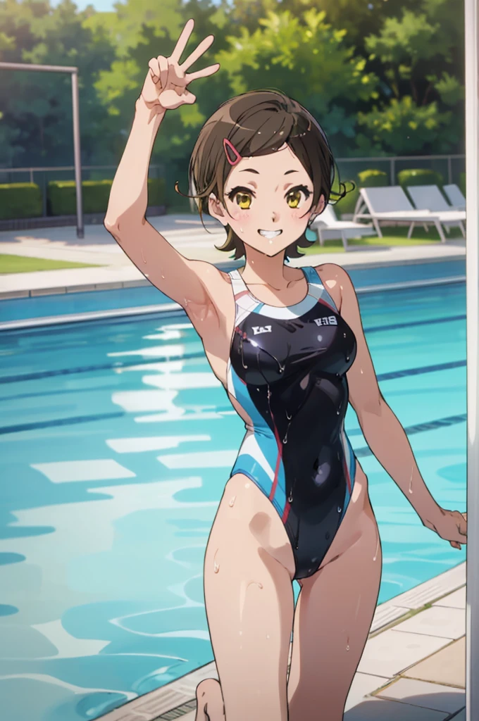 solo, 1girl, , hazuki katou,.,looking viewer ,grin,medium breasts,pool,race swimsuit,leotard,peace pose,wet body