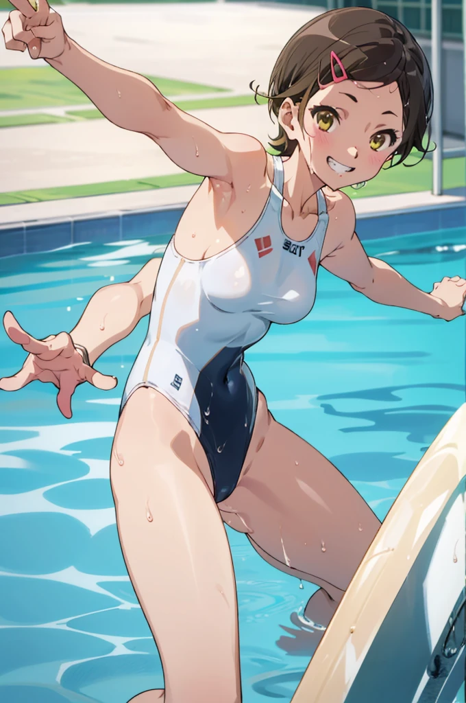 solo, 1girl, ,  hazuki katou,.,looking viewer ,grin,medium breasts,pool,race swimsuit,leotard,peace pose,wet body