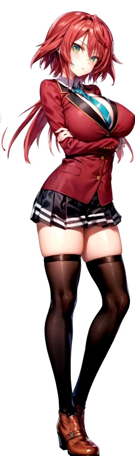 masterpiece, Highest quality, High resolution, , short red hair, Red Bow, Striped blue scarf, blazer, Red ugly jacket, Long sleeve, Big Breasts,Disdainful Eyes,Black Skirt, Black tights, Brown boots,Arms crossed, indoor, classroom