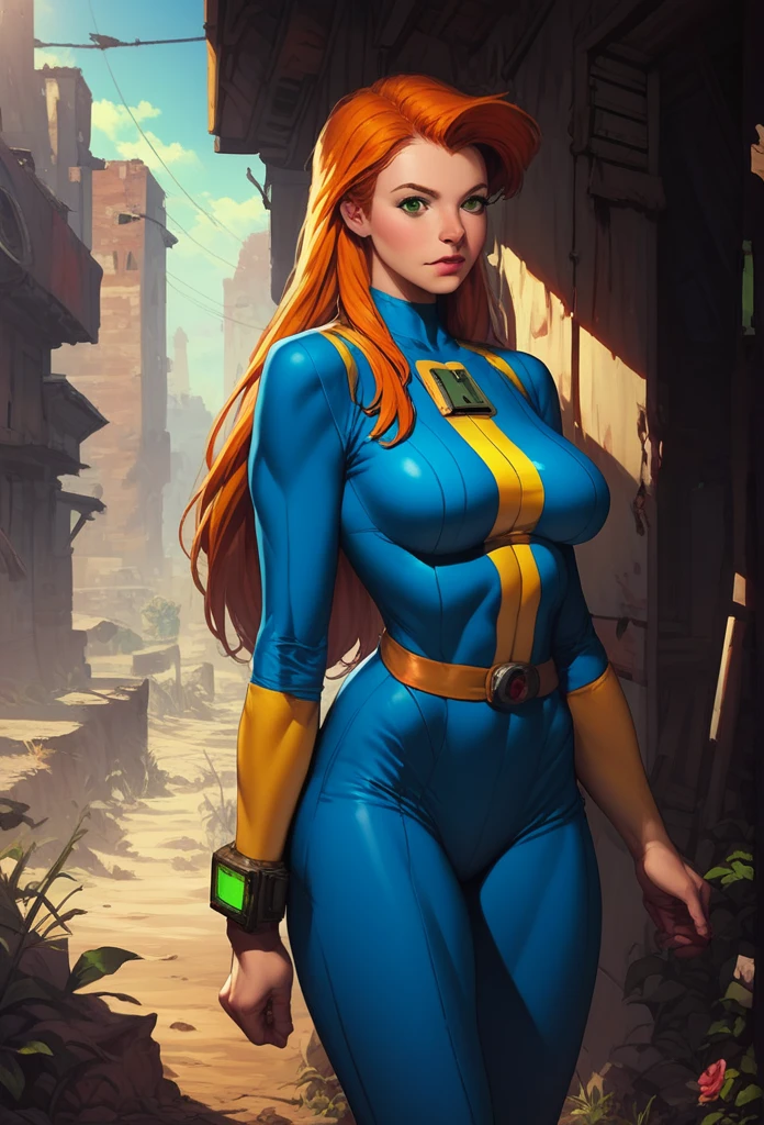 score_9, score_8_up, score_7_up, score_6_up, explore, 1girl, solo, woman, mature_female, muscular, green eyes, sam \(totally spies\), orange hair, long hair, fallout vault suit, blue and yellow, (big bracelet with square screen on 1wrist), deserted town, western, outdoors, realistic, sunlight, vibrant colors, masterpiece, action lines, hard_surface,
1960s \(style\), classic ad, fallout, detailed_background  