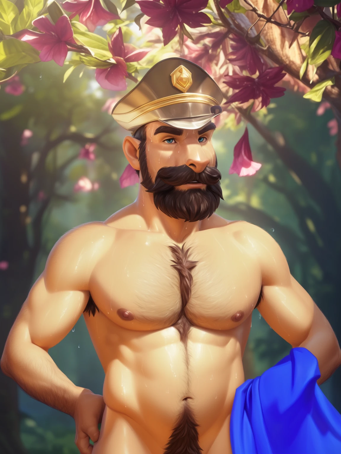 Captain haddock, (pose:Full Body Shot), (posing:Full Body Shot), (soft shading), (((4k, hi res, Ray tracing))), ((((extreme detailed sweat drops, glistening, glistening body))), (((five fingers, detailed hands))), ((detailed face, (detailed eyes:1.0), detailed)), by zackarry911, by zaush, (by personalami:0.5), looking at viewer, (((horny))), (((old and wise))),shirtless, 1boy, (((Highly detailed jewelry))), standing, closed mouth,(((Armpit hair, Mustache,body hair, nude, thick chest hair, beard, tuft, chest tuft, arm tuft))),(((muscular, dad bod))) ,male focus, white hair, (((naked, nude))), nature, formal, captain hat, (((extreme detailed chest hair))),