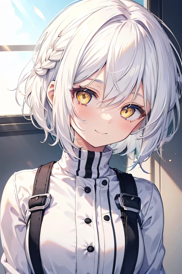 girl, cute anime girl, smiling, white hair, short hair, hair in a braid on the side, messy hair, big eyes, yellow eyes