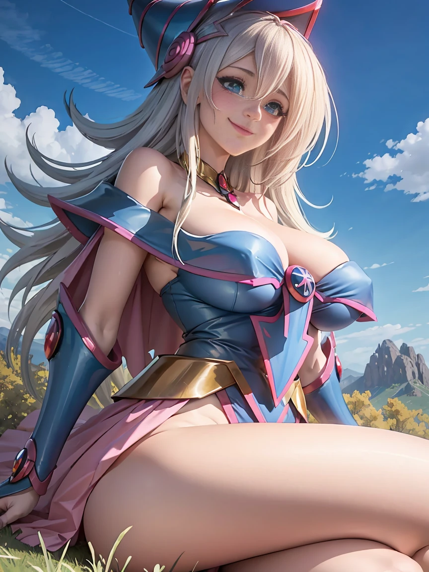 Ereshkigal in the fate series sitting on the grass under a tree looking at the sky looking at the mythical flying creatures in the fields with a beautiful mountainous landscape behind her from a distant view. smiling. coquette. happy. hot.that you can see her entire beautiful body with huge breasts and huge buttocks