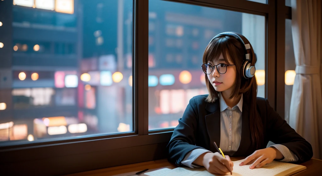 A beautiful Japanese-French woman studying by the window. Outside the window are the neon lights of a building. Headphones　Glasses, brown hair, one length