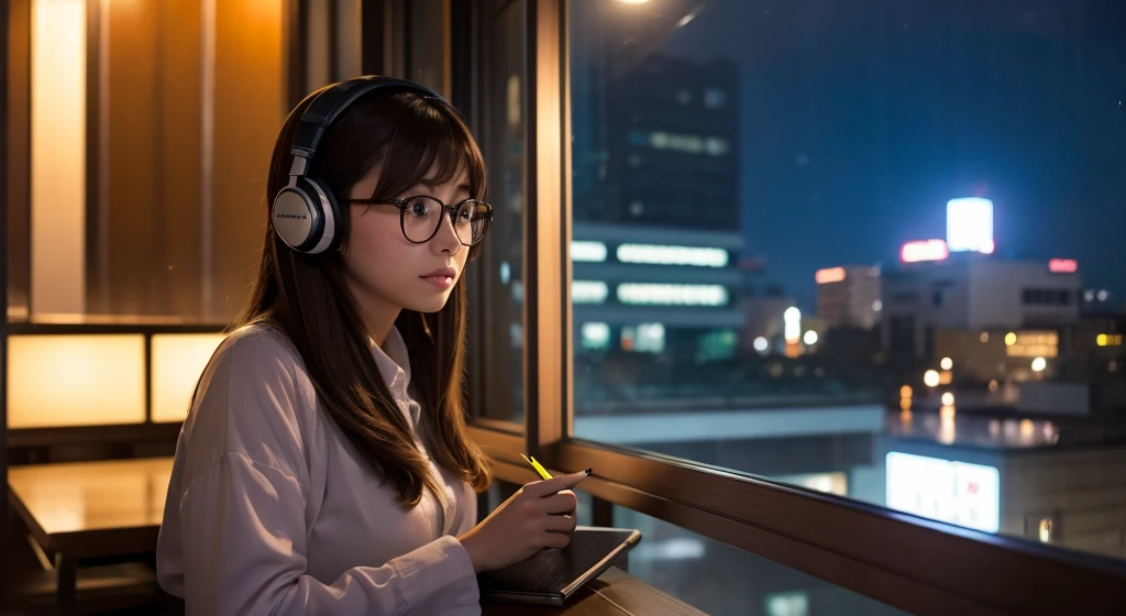 A beautiful Japanese-French woman studying by the window. Outside the window are the neon lights of a building. Headphones　Glasses, brown hair, one length