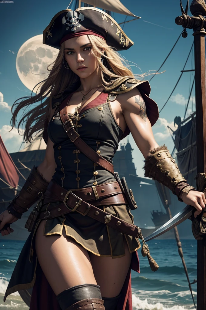 Medieval period, field of battle, Muscular and sexy Russian warrior, wearing a unique style dress and skirt, Six-pack abs, small size and butt, pirate ship captain, wearing pirate clothes, moonlights, tattoo on arms, her body wet due to Raby, in her hand covered in bloodstains, fire, swords, bloodstains, Raby, 8K, hyperrealisti, ultra HD