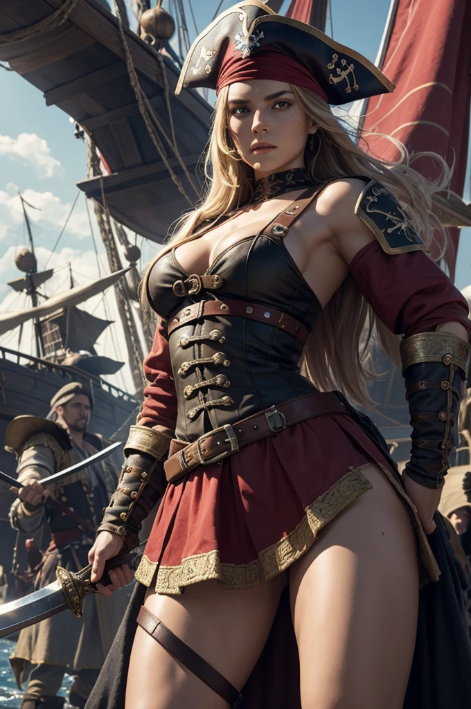 Medieval period, field of battle, Muscular and sexy Russian warrior, wearing a unique style dress and skirt, Six-pack abs, small size and butt, pirate ship captain, wearing pirate clothes, moonlights, tattoo on arms, her body wet due to Raby, in her hand covered in bloodstains, fire, swords, bloodstains, Raby, 8K, hyperrealisti, ultra HD