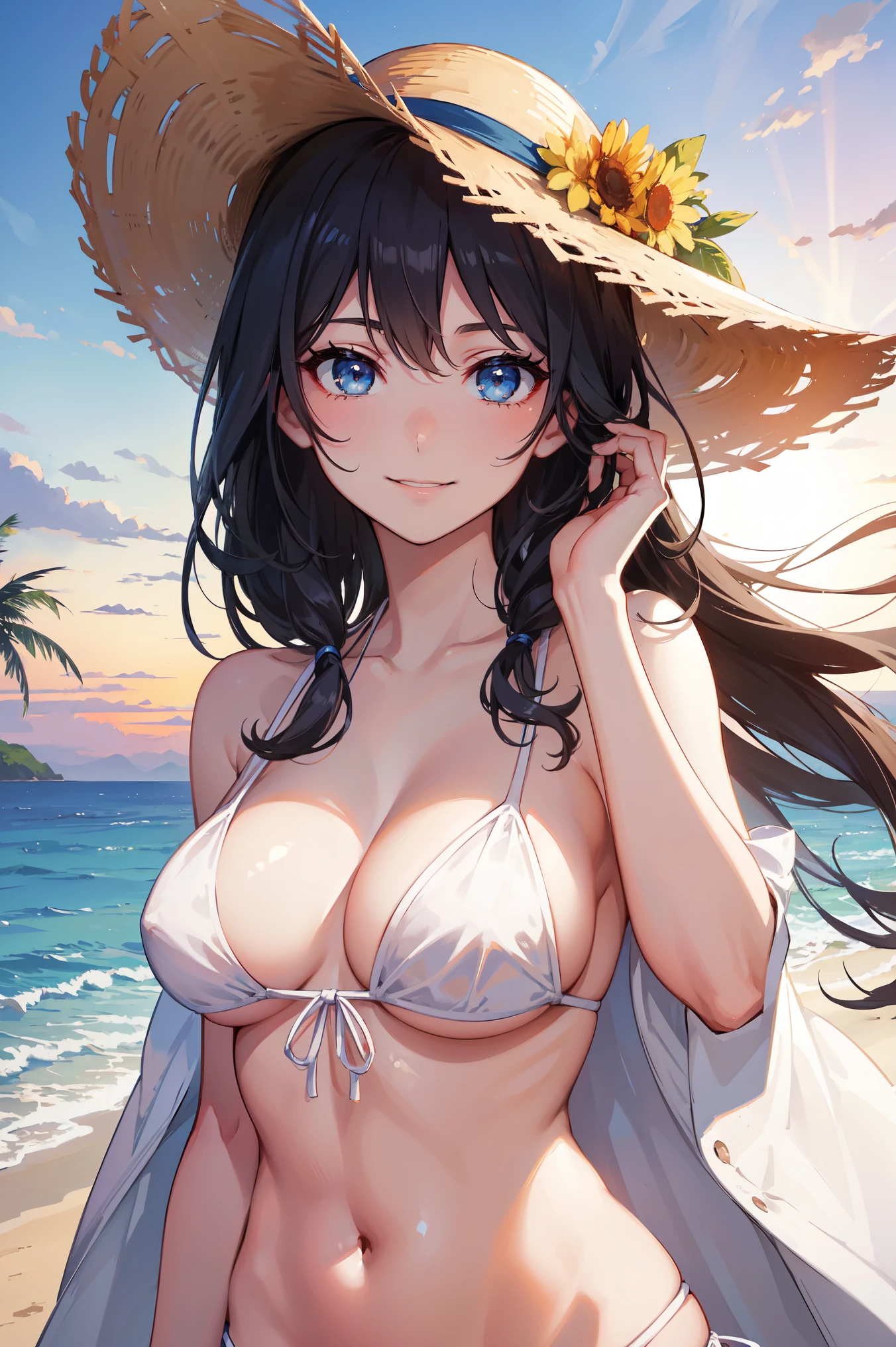 One girl, long tied brunette hair, smile, blue eyes, Wink, View your viewers, Wearing a bikini, flower straw hat, (Beach), (sunset), evening, masterpiece, 8K, Perfect lighting, The perfect outfit, Perfect Anatomy, Perfect Eyes, Perfect Face, Sharp resolution, (Face close-up)