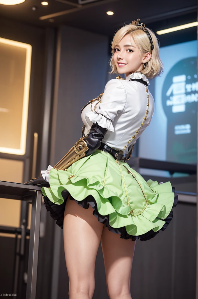 Woman portrait、Highest quality、Rear view、8K,Detailed face, clear, Fine skin、Clear, beautiful eyes、whole body、(Curly Hair)、My hair was messed up by the wind、The beauty of a smile、(Glamorous Muscle),(Hip_superior, Hip superior), Mature Woman,( Watching the audience),Realistic, High resolution, Soft Light,1 female, alone, Hipアップ, Glowing Skin, (Detailed face), Sexy smile, Perfect Style, Perfect balance,Platinum gold hair,short hair,Naughty look,((Steampunk ruffle dress)),(,White Mecha, High-tech Mecha,Beautiful steampunk cyborg woman,Steampunk Mecha Cyborg Girl,Light green steampunk light green and white jacket,hair ornaments,wrist cuffs,mini skirt,)、((arms behind back)),(bokeh),(studio lighting)
