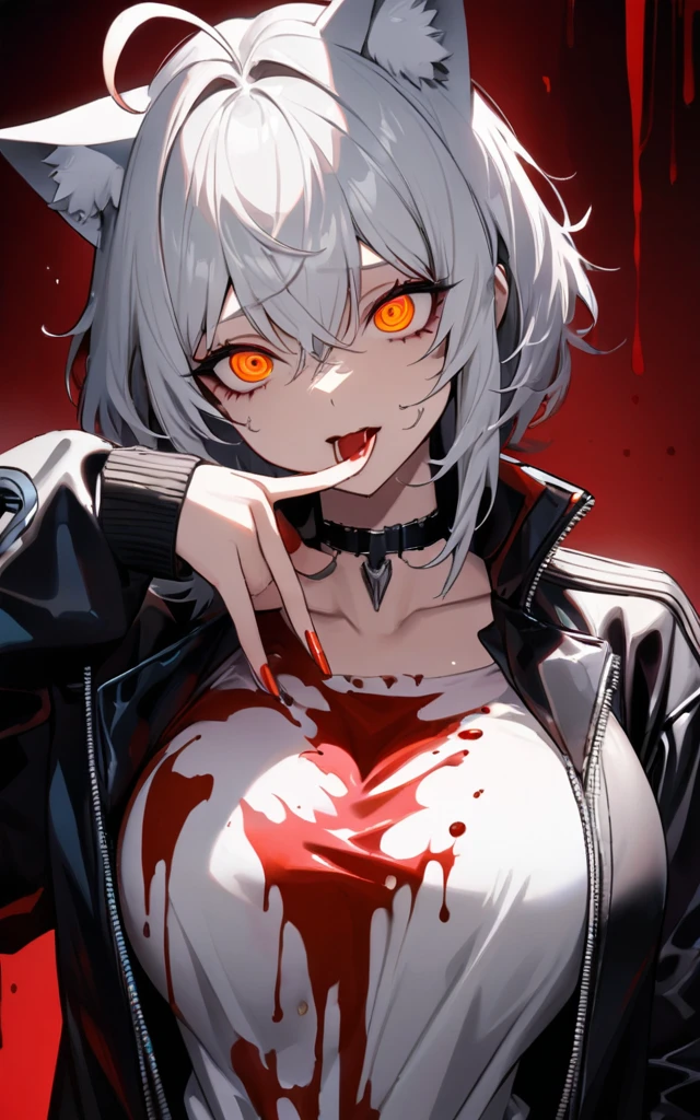(masterpiece)、(absurdres)、(ultra detailed),Crazy Eyes、despair、Dark Side、closed mouth,Blood droplets、darkness,Blood pool space、Blood dripping background:1.3、(独奏),(silver cat ear on a head:1.1),(lady:1.0),(silver hair),(shortcut hair:1.0),(Messy Hair:1.0)、(Ahoge:1.0)、Orange Eyes、Big Breasts:0.8、choker,sleepy eyes、Cyberpunk jacket、Tshirt,Fingers with red liquid、Licking your fingers、Licking the red liquid with your tongue:1.1、upper body shot,nail:0.9