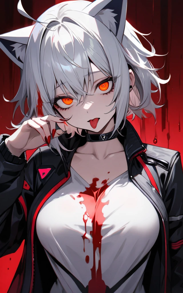 (masterpiece)、(absurdres)、(ultra detailed),Crazy Eyes、despair、Dark Side、closed mouth,Blood droplets、darkness,Blood pool space、Blood dripping background:1.3、(独奏),(silver cat ear on a head:1.1),(lady:1.0),(silver hair),(shortcut hair:1.0),(Messy Hair:1.0)、(Ahoge:1.0)、Orange Eyes、Big Breasts:0.8、choker,sleepy eyes、Cyberpunk jacket、Tshirt,Fingers with red liquid、Licking your fingers、Licking the red liquid with your tongue:1.1、upper body shot,nail:0.9
