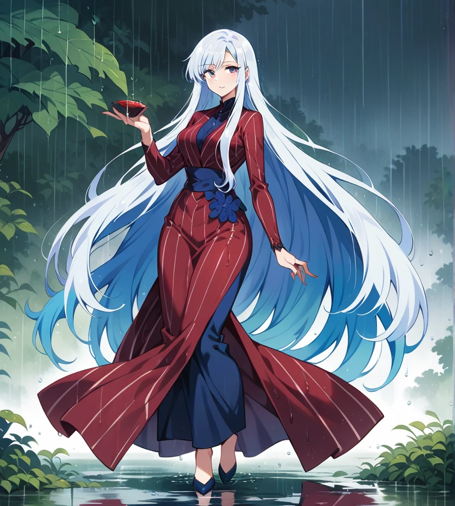 Monster, female, age 30, very long hair, elegant look, rainy season scene, blue hair, show full body, looking a viewer, white hair stripes,