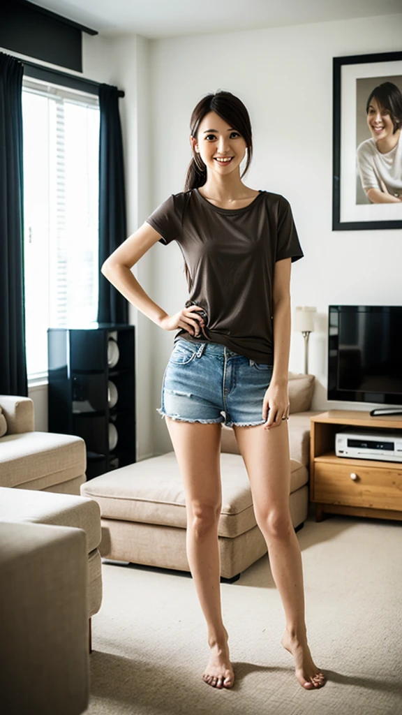 (Highest quality:1.5), (Real:1.4), (Ultra high definition:1.4), (1 Japanese skinny woman in her twenties), (skinny body), skinny face, (Plain T-shirt), (Plain shorts), barefoot, (skinny woman is standing in living room at home), (20's skinny woman is standing with t-shirt and shorts in living room), (front view of a skinny woman), Living room at home, Cowboy Shot, (smile), (Turn your body forward), (upright), (skinny), (skinny), (Very thin)