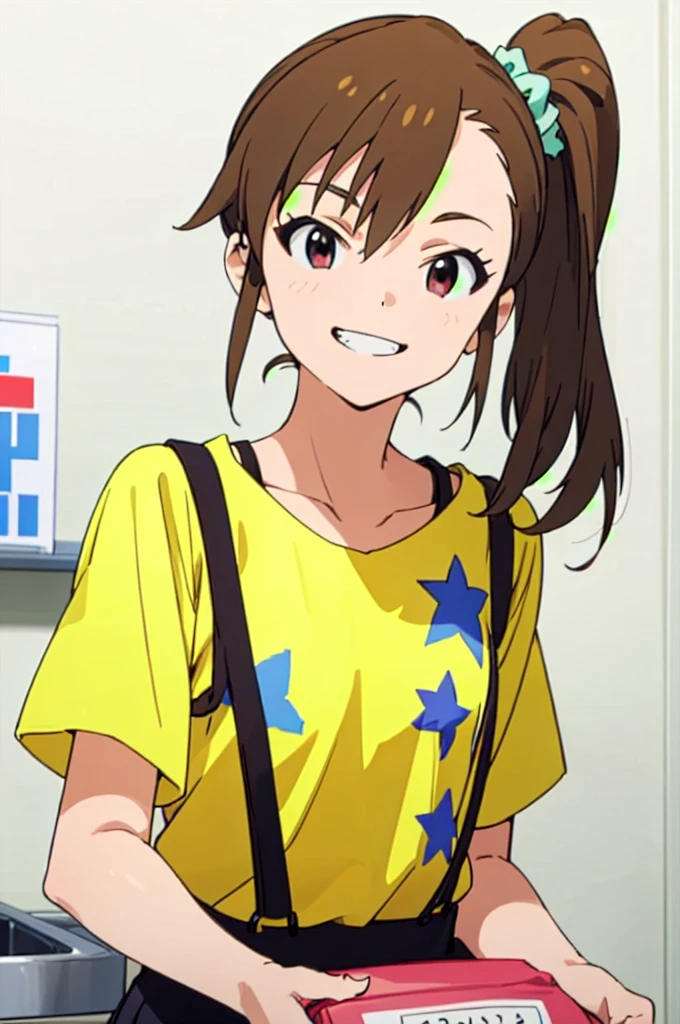 (((pixel-perfect, detail-perfect))), solo, 1girl, mami futami, shirt, star (symbol), suspenders, looking at viewer, smile, grin