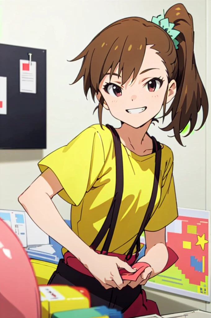 (((pixel-perfect, detail-perfect))), solo, 1girl, mami futami, shirt, star (symbol), suspenders, looking at viewer, smile, grin