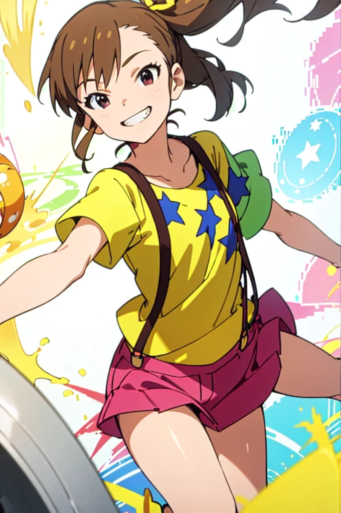 (((pixel-perfect, detail-perfect))), solo, 1girl, mami futami, shirt, star (symbol), suspenders, looking at viewer, smile, grin