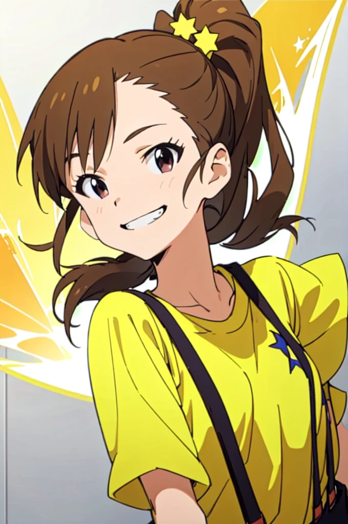 (((pixel-perfect, detail-perfect))), solo, 1girl, mami futami, shirt, star (symbol), suspenders, looking at viewer, smile, grin