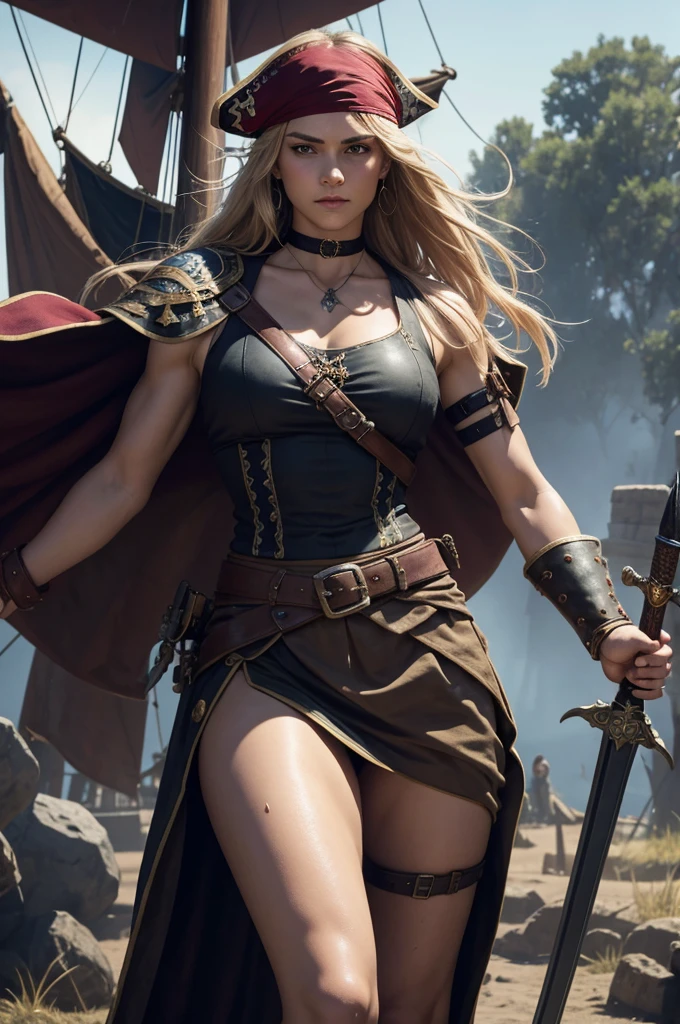 MULHER BONITA, VIKING, VESTIDA COM ROUPA DE COURO, CORPO INTEIRO, CABELOS LOIROS , plaits