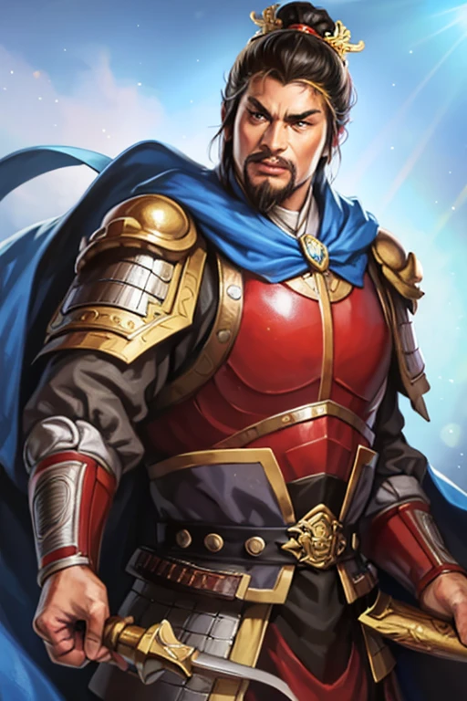 8K,man with sword,ornate armor(The elaborately crafted coat of arms of a nobleman),ultra high resolution,surreal,realistic skin,Black hair short hair,big black eyes,clear eye description, muscular body,waist armor,delicate hands, Perfect hand shape, character art, action pose,masterpiece,Realistic RAW photos of the highest quality,bright colors,rich colors, backlight, movie lights, film grain,50mm lens