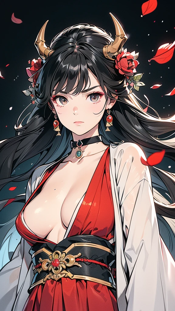 Seven Rhaeyar (Deylta), Ancient Star goddess, Perfect female anatomy (Royalty, Adult Female, 166cm in height, Cool pale skin, slim, slender, 34D breast size, Long Jet Black Hair, Gray Colored Iris , a set of Jet black colored horns on her head), Neutral facial expression, Elegant black uniform dress, female choker accessory with silver complimentary jewelry, dragon motifs, Black rope accessories, Simple Black Background, receiving light from the front, Slightly focusing on her face up close, Ethereal glow, Red Rose petals falling, Japanese inspired