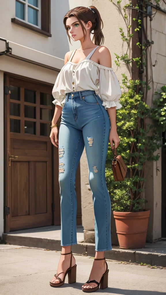 a woman, standing facing forward, 18 years old, brown hair in a medium ponytail, green eyes with long eyelashes, white blouse with exposed shoulders, jeans, brown high-heeled sandals, minimalist full-body photo, 8k resolution, high quality, detaile