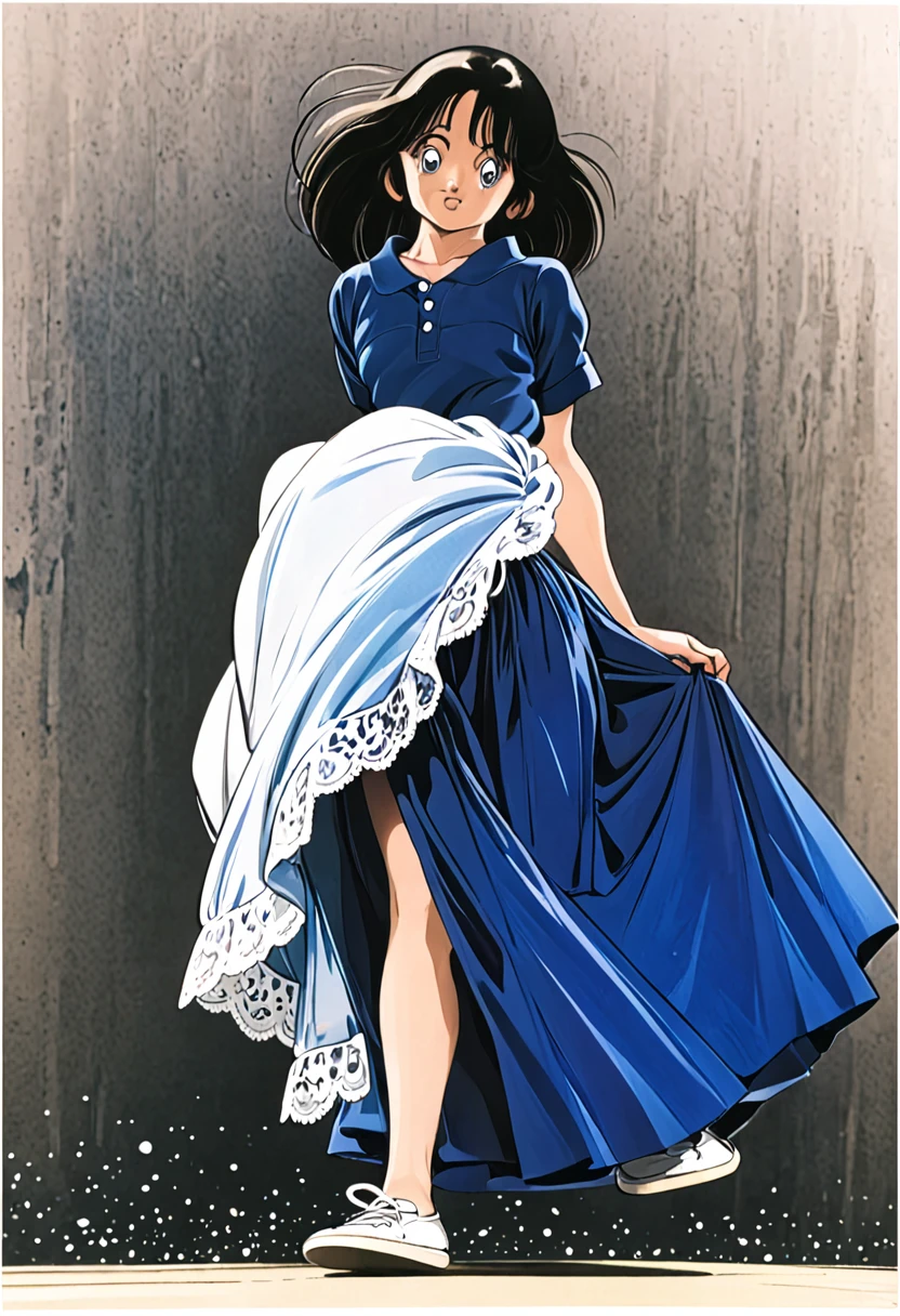 音無響子制服のLong skirt、The color is dark blue、
Low - Angle、制服のLong skirt、The color is dark blue、
Low - Angle、Long skirt、Hold down your skirt that is being blown up by the strong wind、Anime white panties in a strong wind、Crotch is visible
ローレグのパンツ、Color: White、
Crotch is visible、
、Lined、White lace lining、