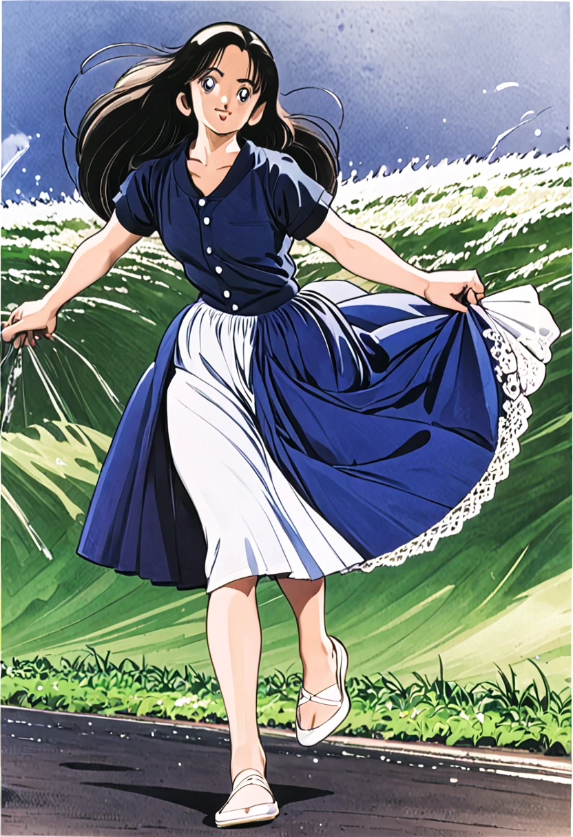 音無響子制服のLong skirt、The color is dark blue、
Low - Angle、制服のLong skirt、The color is dark blue、
Low - Angle、Long skirt、Hold down your skirt that is being blown up by the strong wind、Anime white panties in a strong wind、Crotch is visible
ローレグのパンツ、Color: White、
Crotch is visible、
、Lined、White lace lining、