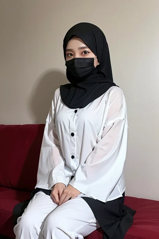 a potrait of malay girl wearing black hijab at home... wearing white oversize blouse with button.. black facemask.. black pants.. less lighting..