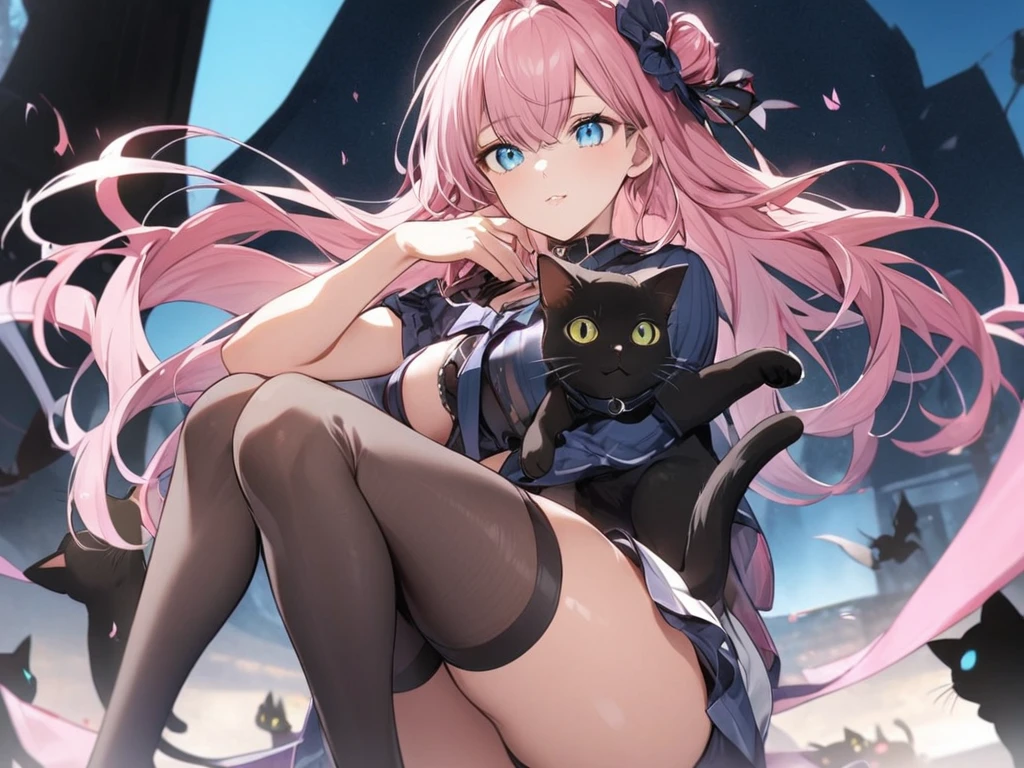 Girl with cat, Black cat, Pink Hair、blue eyes, Avatar