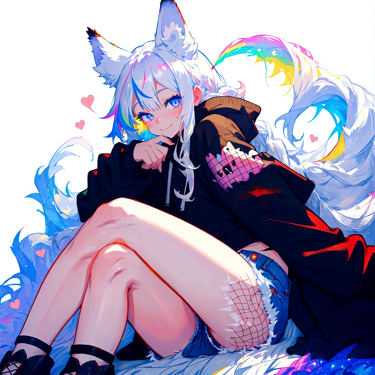 a cute adult male with wolf ears, long white hair, long locks, has a wolf tail, wearing a loose cropped black hoodie, wearing a pair of denim short shorts and fishnet stockings, thick thighs, wide hips, relaxing on mound of fluffy multi colored kawaii plushies, short, very slim, showing slender tummy, heart on hoodie, squishy thighs, has glowing blue eyes. alone, solo (ALONE)(SOLO), surrounded by rainbows, colorful galaxy backround, smiling