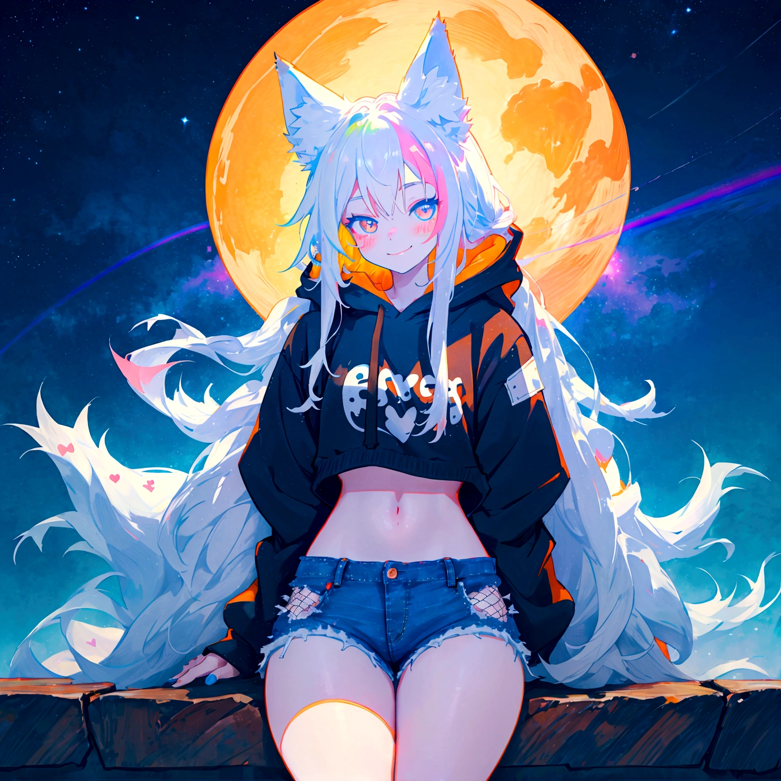 a cute adult male with wolf ears, long white hair, long locks, has a wolf tail, wearing a loose cropped black hoodie, wearing a pair of denim short shorts and fishnet stockings, thick thighs, wide hips, relaxing on mound of fluffy multi colored kawaii plushies, short, very slim, showing slender tummy, heart on hoodie, squishy thighs, has glowing blue eyes. alone, solo (ALONE)(SOLO), surrounded by rainbows, colorful galaxy backround, smiling