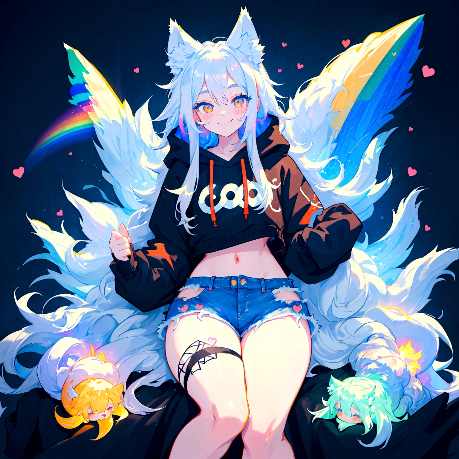 a cute adult male with wolf ears, long white hair, long locks, has a wolf tail, wearing a loose cropped black hoodie, wearing a pair of denim short shorts and fishnet stockings, thick thighs, wide hips, relaxing on mound of fluffy multi colored kawaii plushies, short, very slim, showing slender tummy, heart on hoodie, squishy thighs, has glowing blue eyes. alone, solo (ALONE)(SOLO), surrounded by rainbows, colorful galaxy backround, smiling